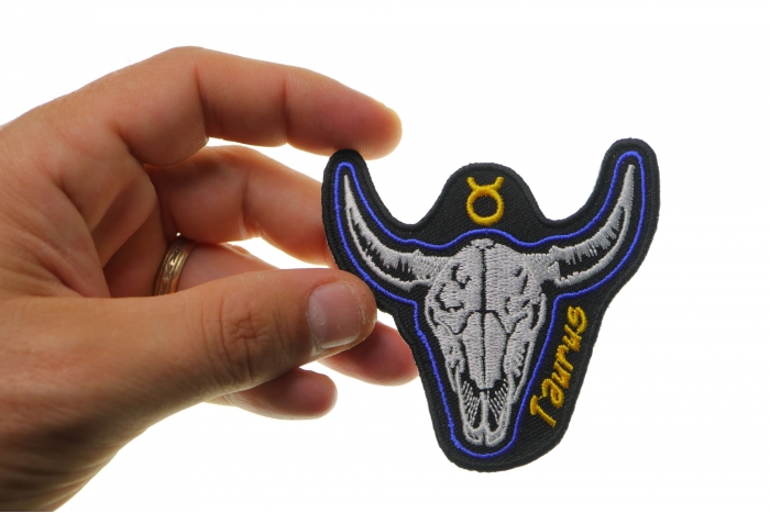 Taurus Skull Zodiac Sign Patch, Skull Patches shown on hand for size comparison