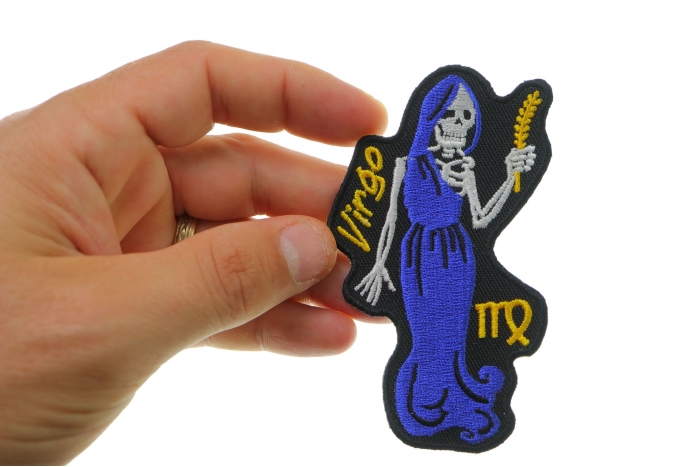 Virgo Skull Zodiac Patch, Skull Patches shown on hand for size comparison