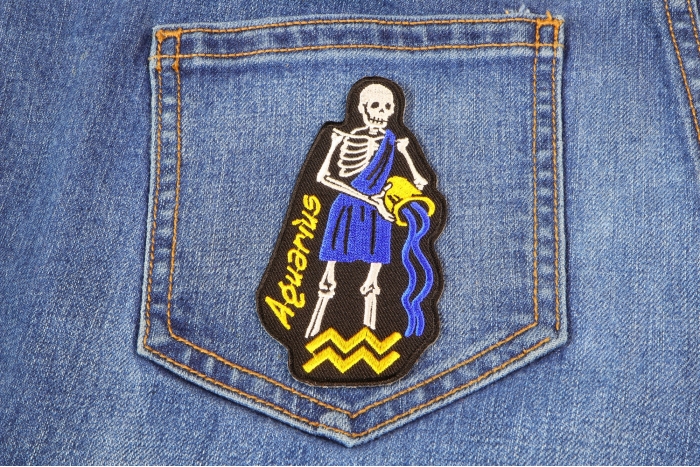 Aquarius Skull Zodiac Sign Patch shown on jeans