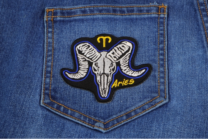 Aries Skull Zodiac Sign Patch shown on jeans