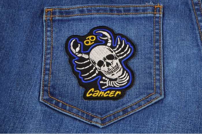 Cancer Skull Zodiac Sign Patch shown on jeans