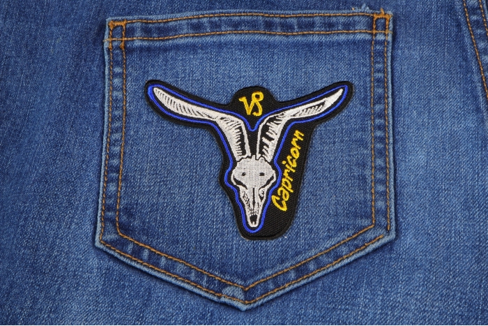 Capricorn Skull Zodiac Sign Patch shown on jeans