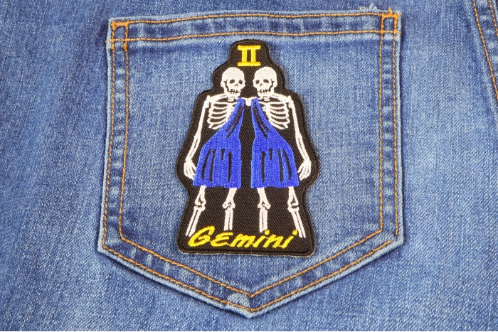 Gemini Skull Zodiac Sign Patch shown on jeans