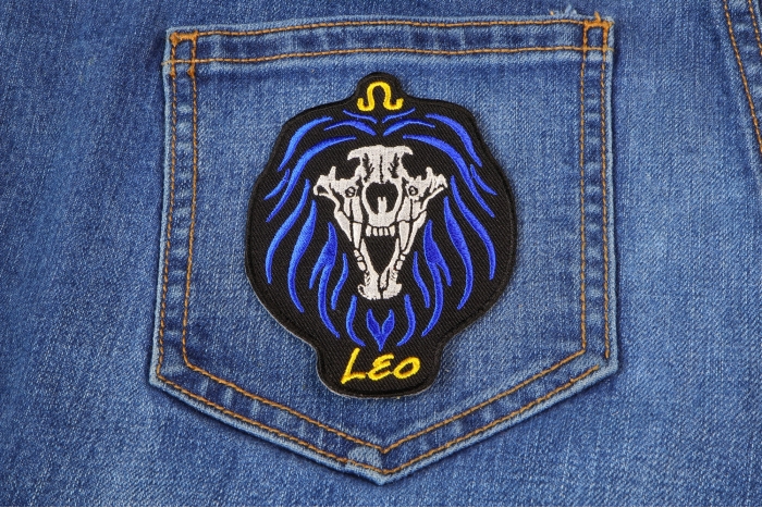 Leo Skull Zodiac Sign Patch shown on jeans