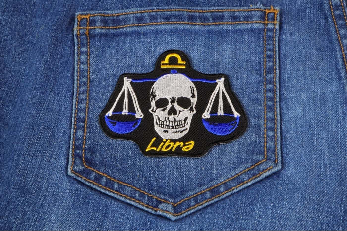 Libra Skull Zodiac Sign Patch shown on jeans