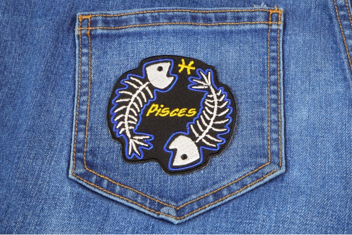 Pisces Skull Zodiac Sign Patch shown on jeans