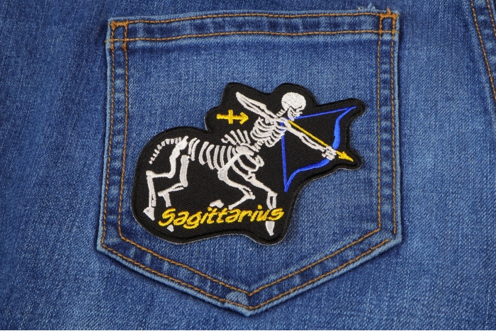 Sagittarius Skull Zodiac Sign Patch shown on jeans