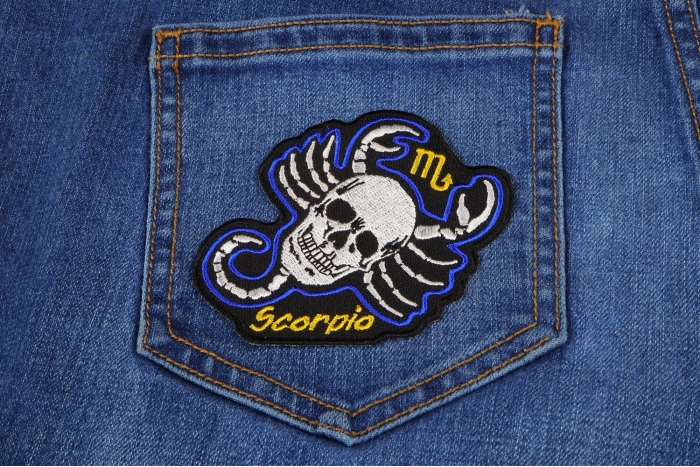 Scorpio Skull Zodiac Sign Patch shown on jeans