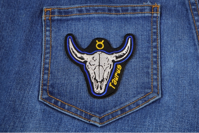 Taurus Skull Zodiac Sign Patch shown on jeans