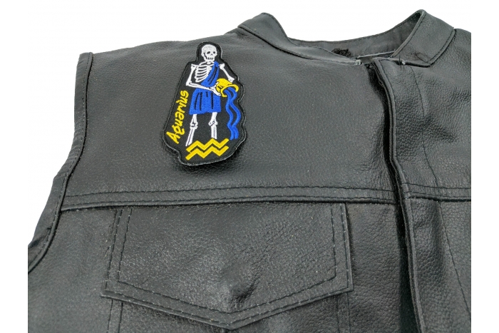 Aquarius Skull Zodiac Sign Patch, Skull Patches shown on leather vest