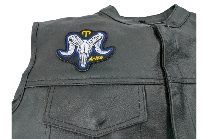 Aries Skull Zodiac Sign Patch, Skull Patches shown on leather vest