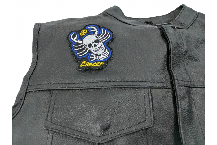 Cancer Skull Zodiac Sign Patch, Skull Patches shown on leather vest