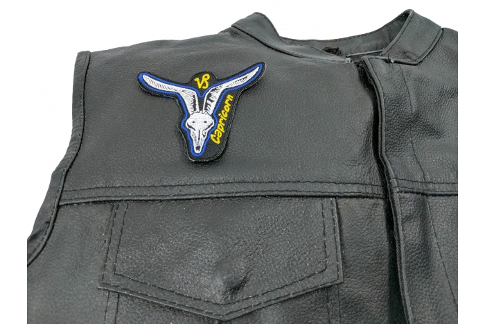 Capricorn Skull Zodiac Sign Patch, Skull Patches shown on leather vest