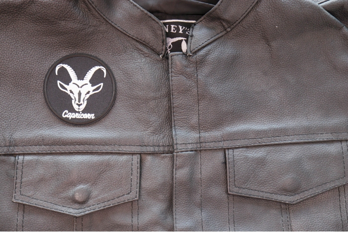 Capricorn Patch - Iron on - Embroidered shown on leather vest