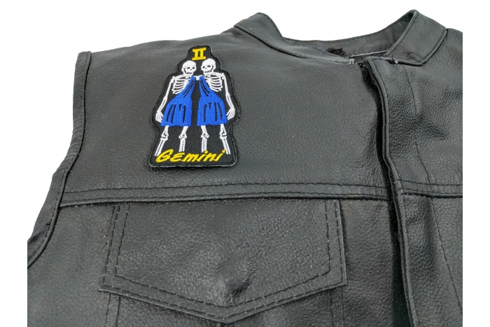 Gemini Skull Zodiac Sign Patch, Skull Patches shown on leather vest