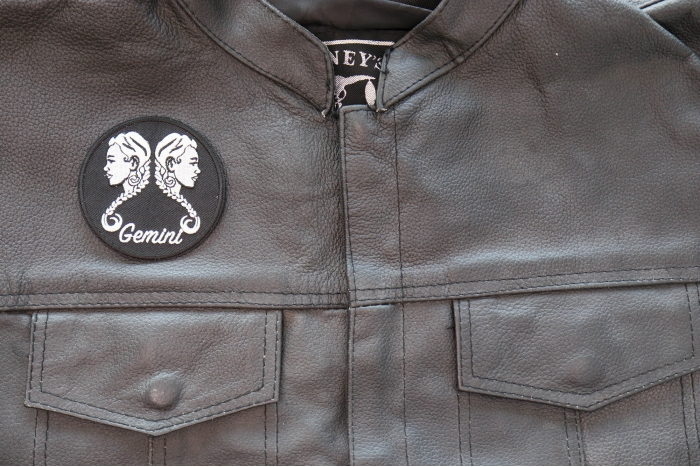 Gemini Patch - Iron on - Embroidered shown on leather vest