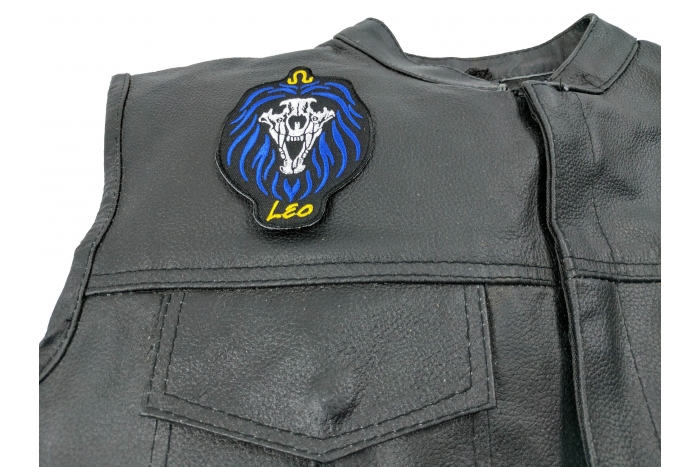 Leo Skull Zodiac Sign Patch, Skull Patches shown on leather vest