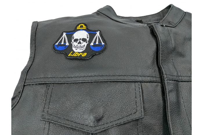 Libra Skull Zodiac Sign Patch, Skull Patches shown on leather vest
