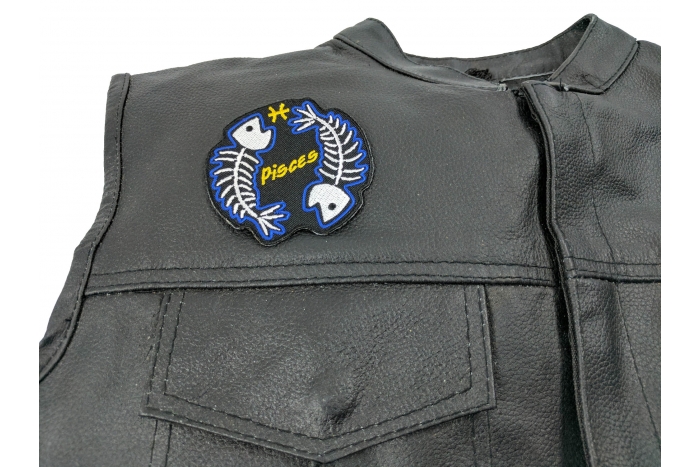 Pisces Skull Zodiac Sign Patch, Skull Patches shown on leather vest