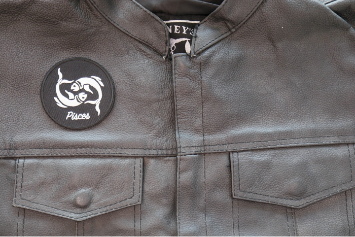 Pisces Patch - Iron on - Embroidered shown on leather vest