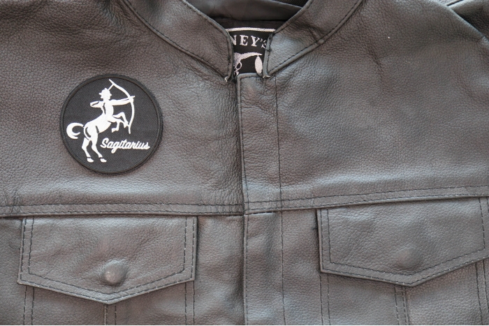 Sagitarius Patch - Iron on - Embroidered shown on leather vest