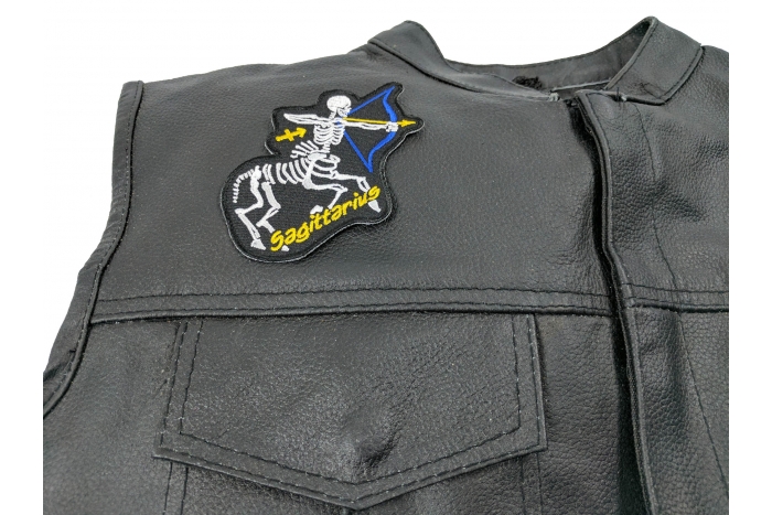 Sagittarius Skull Zodiac Sign Patch, Skull Patches shown on leather vest