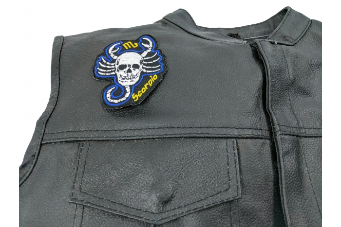 Scorpio Skull Zodiac Sign Patch, Skull Patches shown on leather vest