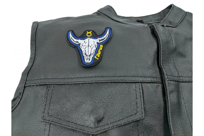 Taurus Skull Zodiac Sign Patch, Skull Patches shown on leather vest