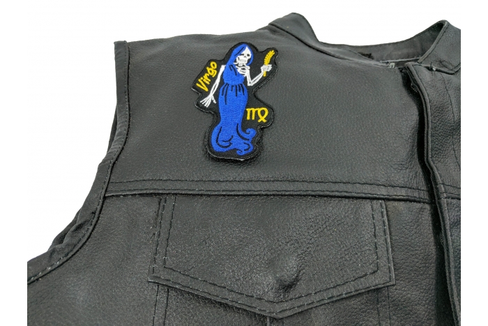 Virgo Skull Zodiac Patch, Skull Patches shown on leather vest