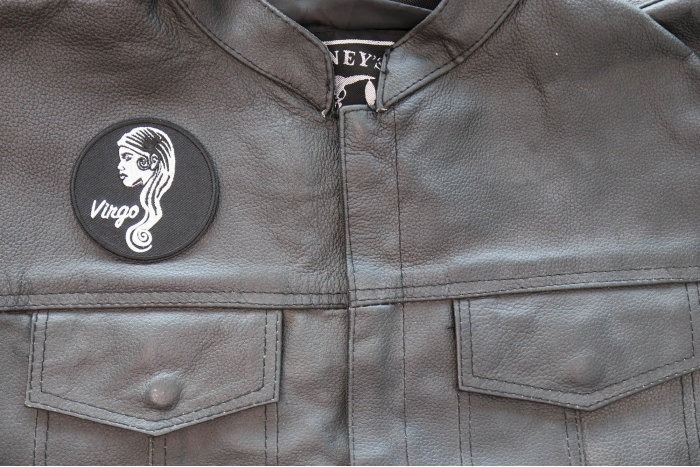 Virgo Patch - Iron on - Embroidered shown on leather vest